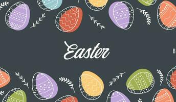 festlich Banner Vorlage mit modisch umrissen geometrisch Muster auf Ostern Eier. dekorativ horizontal Streifen von Eier mit Blätter auf Weiß Hintergrund. Vektor Poster zum Frühling Urlaub Feier.