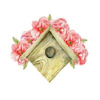 Aquarell Hand gezeichnet hölzern Vogelhaus mit Rosa Pfingstrosen hinter. Vektor romantisch. Ostern Illustration zum Einladung, Gruß Karte, Etikett. Logo, Textil- Design