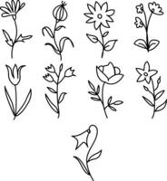 hand dragen vår, spara de datum, kort, minimal dragen blommig botanisk linje konst buketter vår, trendig element av vild och trädgård växter, grenar, löv, blommor, örter. vektor illustration