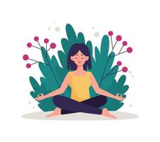 kvinna mediterar i yoga lotus pose. yoga, meditation koncept illustration. platt vektor illustration