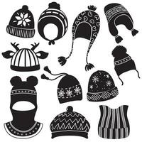 Winter Hüte schwarz Silhouette, Vektor Illustration isoliert auf Weiß Hintergrund