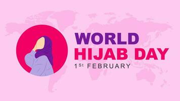 Vektor Illustration von Welt Hijab Tag gefeiert jeder Jahr auf Februar 1. Gruß Karte Poster mit Muslim Frau mit Hijab im eben Stil