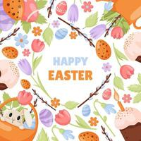 Lycklig påsk ram, baner, affisch, hälsning kort. trendig påsk design med kaniner, blommor, ägg, vide fitta. vektor tecknad serie design isolerat på vit bakgrund.