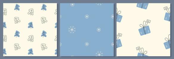 vinter- Semester sömlös mönster uppsättning med gåva lådor, tallar och snöflingor. blå bakgrunder och skriva ut mönster samling för jul och ny år omslag papper. vektor illustration.