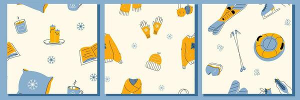 Winter Gekritzel nahtlos Muster Sammlung. Hand gezeichnet druckt einstellen mit Sport und Aktivitäten, warm gestrickt Kleider und gemütlich Zuhause Objekte. Urlaub Hintergründe im modern eben Stil. Vektor Illustration.