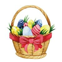 Korb mit Ostern Eier. süß Aquarell Zeichnung mit gemalt Ostern Eier, Jahrgang vektor