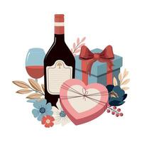 romantisch Illustration mit Flasche von Wein, Süßigkeiten und gegenwärtig. Mutter Tag Design. Valentinstag Tag süß Illustrationen. isoliert auf Weiß Hintergrund vektor