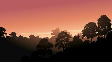 minimalistisk soluppgång landskap med skog silhuett vektor