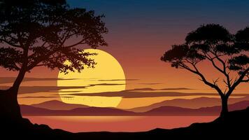skön solnedgång landskap med sjö och träd i silhuett vektor