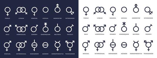 Geschlecht Symbol Symbole. geschlechtsspezifisch, Transgender und lesbisch, bisexuell Piktogramme. LGBT, Demiboy und Fröhlich, heterosexuell Vektor isoliert Zeichen