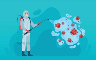 Coronavirus Desinfektion. Mann im Schutz passen desinfizieren, sauber und töten Virus Erreger covid-19 verhindern Pandemie Gesundheit Risiko Vektor Konzept