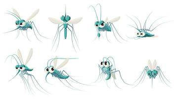 tecknad serie mygga. arg skog flygande myggor, rädd och död- insekt. mygga dricka blod vektor illustration uppsättning