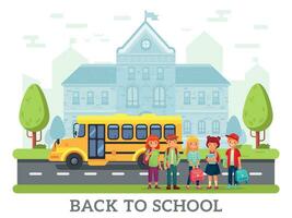 skola gul buss för barn, tillbaka till skola begrepp. barn eller studenter med ryggsäck nära väg vektor