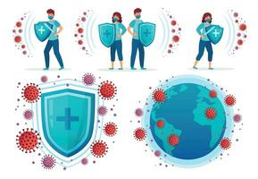 schützen von Corona Virus. Menschen Kampf COVID-19, Gesundheit Schild vs. Virus und Coronavirus um Welt Globus Vektor Illustration einstellen