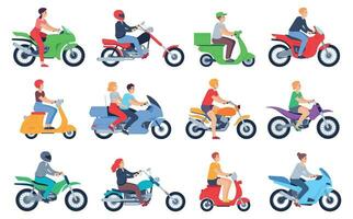 Motorrad Reiter. Männer und Frauen Treiber im Helm auf Moped, Motorrad. schnell Lieferung Essen Kurier, Familie auf Roller Karikatur Vektor einstellen