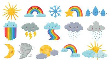 süß Karikatur Wetter. glücklich heiß Sonne, Regenbogen Über Wolken und komisch Schneeflocke. schneebedeckt und regnerisch Wolke, Schlafen Mond und wütend Hurrikan Vektor Illustration einstellen