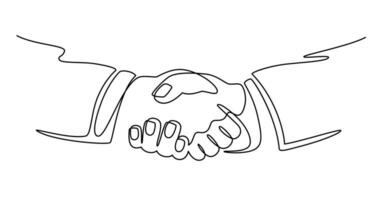 Geschäftsleute zittern Hände. kontinuierlich Linie Zeichnung Geschäft Menschen Treffen Handschlag, Partner Zusammenarbeit, Partnerschaft Vektor Konzept