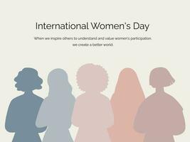Banner, Poster zum International Damen Tag. Silhouetten von Frauen von anders Nationalitäten im Pastell- Farben. Fall. vektor