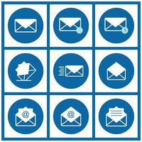 Email Symbole einstellen auf Blau Hintergrund. Vektor Illustration. Sammlung von Mail und Nachrichtenübermittlung Symbole. Design Elemente zum mehrere Botschaft Symbole mögen Handy, Mobiltelefon Apps, Websites oder ui