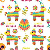 mexikansk tecknad serie design med pinata, maracas och poncho. vektor sömlös mönster. cinco de mayo mönster upprepa bakgrund. vit bakgrund.