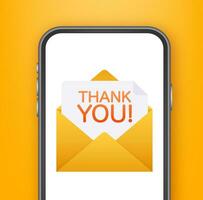 tacka du meddelande på mobil telefon skärm vektor illustration - en modern tacksamhet begrepp med kuvert och notera på smartphone.