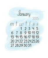 kalender en gång i månaden mall för januari 2025 i enkel minimalistisk stil vertikal porträtt orientering, abstrakt färgrik formlös bakgrund, vecka börjar på måndag, vektor tryckbar sida