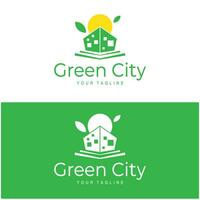 Grün und gesund modern Stadt mit Blatt Logo Design zum Geschäft, Eigentum, Gebäude, Öko Stadt, Zukunft Stadt, Architekt, ökologisch freundlich vektor