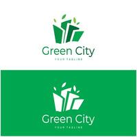 Grün und gesund modern Stadt mit Blatt Logo Design zum Geschäft, Eigentum, Gebäude, Öko Stadt, Zukunft Stadt, Architekt, ökologisch freundlich vektor