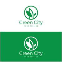 Grün und gesund modern Stadt mit Blatt Logo Design zum Geschäft, Eigentum, Gebäude, Öko Stadt, Zukunft Stadt, Architekt, ökologisch freundlich vektor