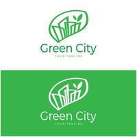 Grün und gesund modern Stadt mit Blatt Logo Design zum Geschäft, Eigentum, Gebäude, Öko Stadt, Zukunft Stadt, Architekt, ökologisch freundlich vektor