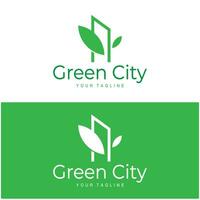 Grün und gesund modern Stadt mit Blatt Logo Design zum Geschäft, Eigentum, Gebäude, Öko Stadt, Zukunft Stadt, Architekt, ökologisch freundlich vektor