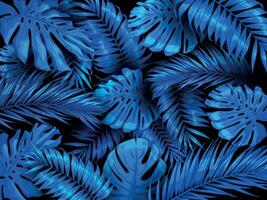 tropisch Nacht Hintergrund. exotisch Blau Regenwald Blätter, Indigo Palme Baum Blatt und Palmen Wald Vektor Illustration.