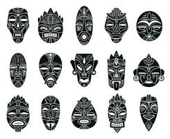 Idol Maske. einfarbig schwarz Hawaii Tiki tahitian Ritual Totem, exotisch traditionell Kultur Antiquität Mythologie, ethnisch Ornament Vektor Masken