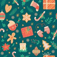 Weihnachten nahtlos Muster. traditionell Weihnachten Attribute, Weihnachten Baum Spielzeuge, Lebkuchen, die Geschenke zum Karten und Verpackung Vektor Textur