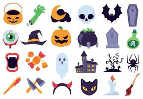 halloween ikoner. Semester symboler, måne och Spindel, pumpa, spöke och fladdermus. godis, skalle och gravsten, ljus, kvast platt vektor se