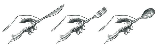 graverat händer innehav bestick. håll i hand tabell kniv, sked och gaffel för äter mat hand dragen vektor illustration uppsättning