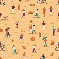Herbst Menschen nahtlos Muster. Männer, Frauen und Kind genießen fallen Jahreszeit, gehen mit Regenschirm und Haustiere im Park, Reiten Fahrrad Vektor Hintergrund
