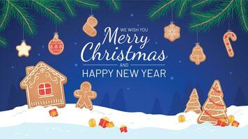 Lebkuchen Hintergrund. fröhlich Weihnachten und Neu Jahr 2021 Gruß Karte mit Tannenbaum Geäst, Lebkuchen und Geschenke Urlaub Vektor Poster