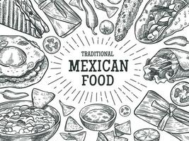 traditionell Mexikaner Lebensmittel. skizzieren National Mexikaner Küche Teller, Speisekarte Vorlage mit Beschriftung zum Vektor Restaurant Broschüre, Flyer.