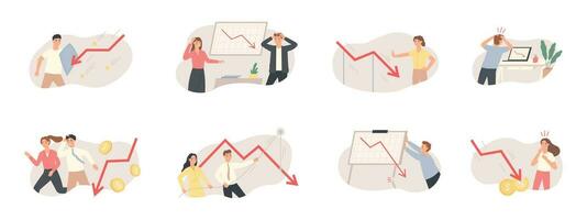 Finanzen verringern und Krise Graph. fallen Nieder Geschäft Diagramm Pfeil, wirtschaftlich Budget Zusammenbruch, Markt Risiken und Panik Menschen Vektor einstellen