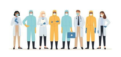 medicinsk arbetare. professionell doktorer och sjuksköterskor i skyddande kostymer stående tillsammans. covid 19 virus utbrott pandemi vektor begrepp
