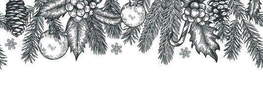 Weihnachten nahtlos Grün Grenze. horizontal Banner mit Weihnachten Baum Geäst Girlande, Stechpalme Beeren und Spielzeuge, Element zum festlich Vektor Karte