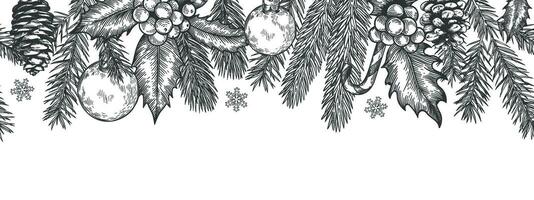 xmas sömlös grön gräns. horisontell baner med jul träd grenar krans, järnek bär och leksaker, element för festlig vektor kort