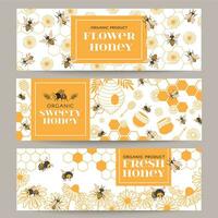 Honig Banner. Geschäft fördern Flyer mit verschiedene Bienenzucht Produkte, Bienenwabe und Honig im Gläser, Bienenwachs, Bienen und Blumen, Vektor einstellen