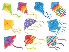 Karikatur Drachen. Wind fliegend Spielzeug mit Band und Schwanz zum Kinder. Makar sankranti. Schmetterling, Fisch und Regenbogen Drachen gestalten und Design, Vektor einstellen