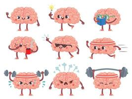 Gehirn Figuren. glücklich Gehirne im anders posiert und Emotionen, mental Übung, Bildung Metapher kreativ Maskottchen Symbole Karikatur Vektor einstellen