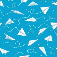 papper plan sömlös mönster. vit flygande flygplan i blå himmel annorlunda riktning med prickad linje spår tapet vektor textur