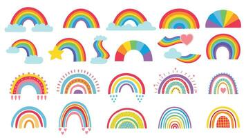 Karikatur Regenbogen. bunt Regenbögen, Herz und Wolke mit Regenbogen Farben Schwanz. Hand gezeichnet Farbe Bogen Vektor Illustration einstellen