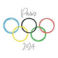 Olympia Ring Symbol. olympisch Spiele 2024. Paris, Frankreich - - Juni 2023. Hand gezeichnet Gekritzel Logo von Olympia repräsentiert das Union von das fünf Kontinente. International vektor