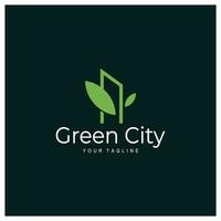 Grün und gesund modern Stadt mit Blatt Logo Design zum Geschäft, Eigentum, Gebäude, Öko Stadt, Zukunft Stadt, Architekt, ökologisch freundlich vektor
